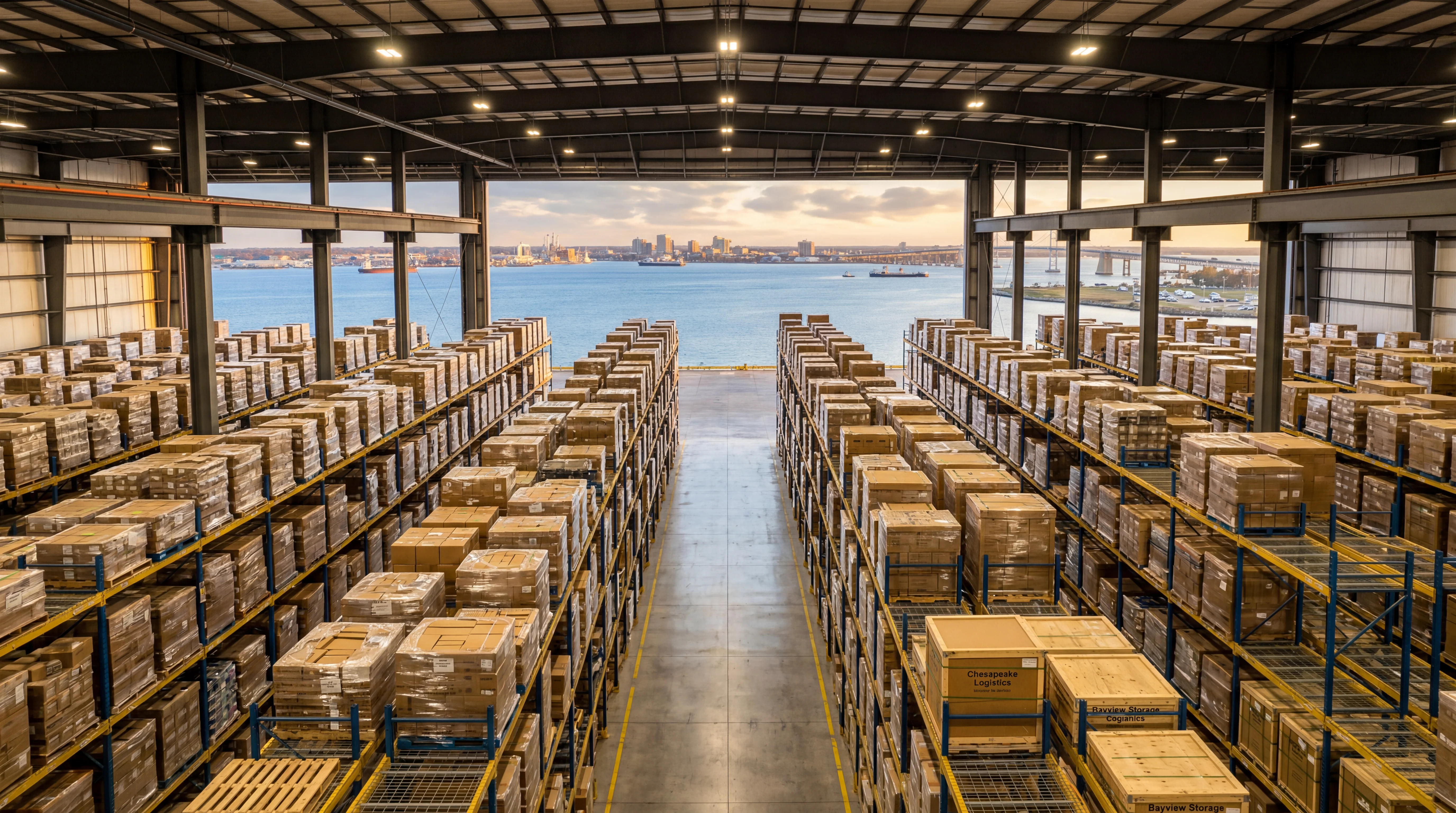 Chesapeake Pallet Racking warehouse with Hampton Roads harbor