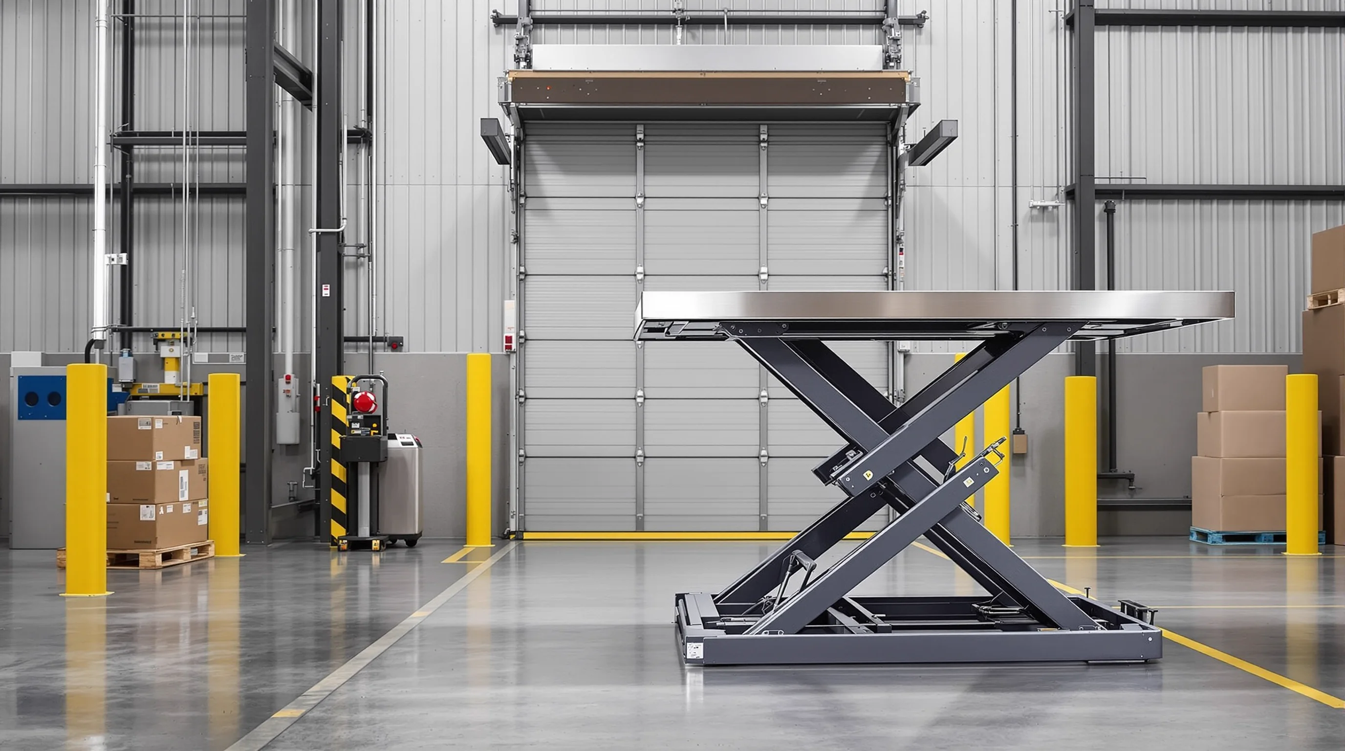 Industrial hydraulic scissor lift table at a Hampton Roads Virginia warehouse workstation
