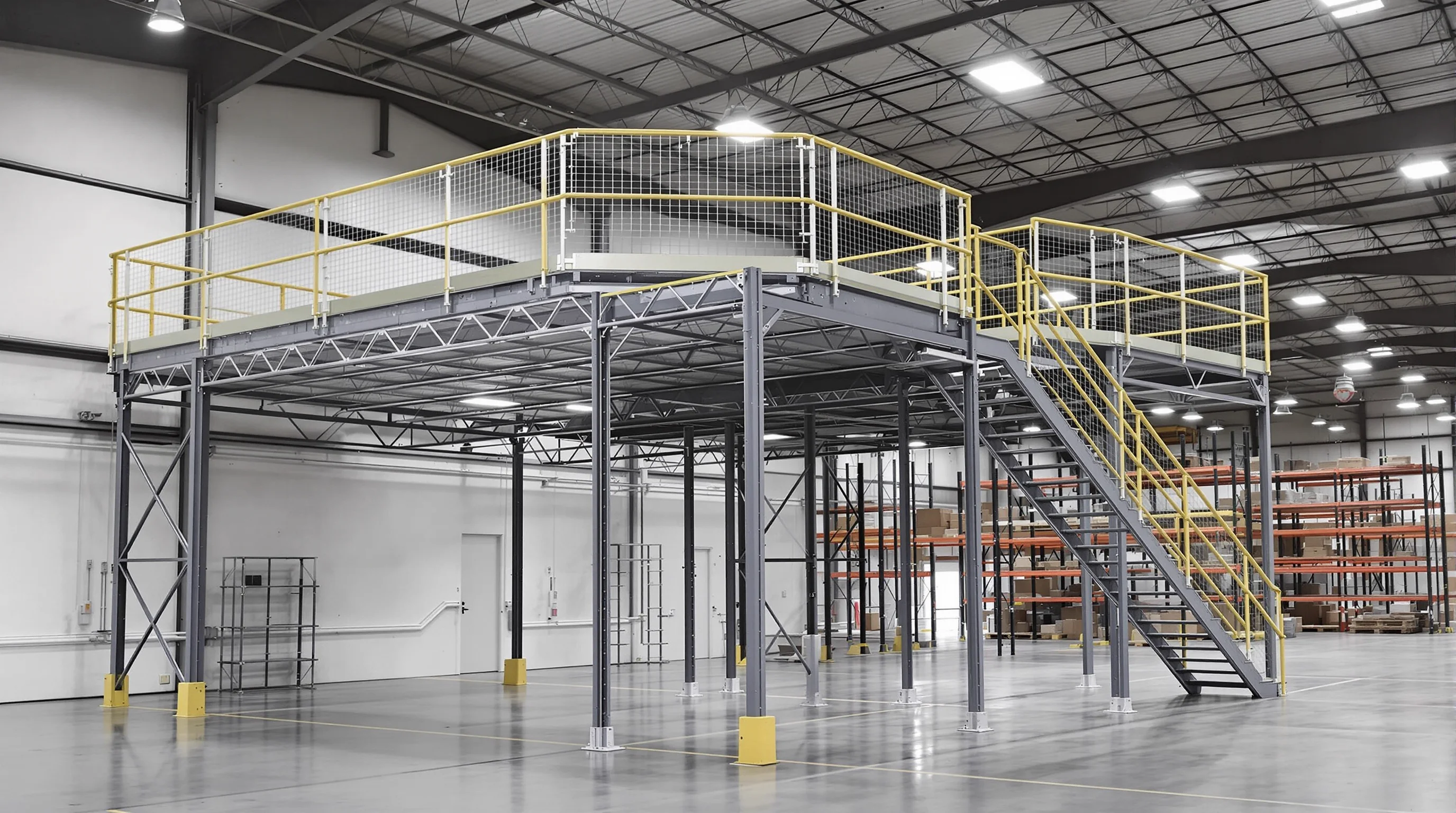 Structural steel mezzanine system installed in a Hampton Roads Virginia warehouse