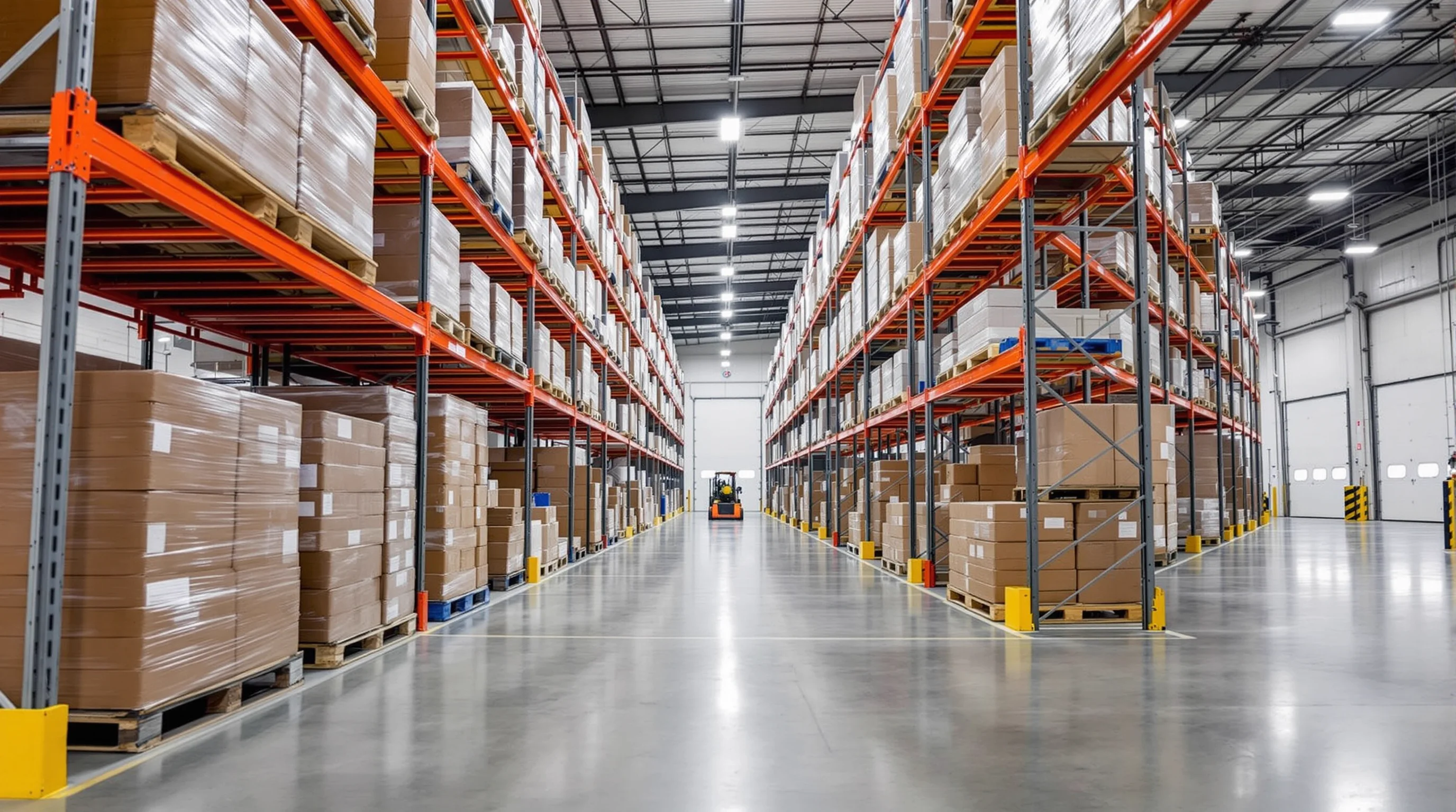 Selective pallet racking system loaded with shrink-wrapped pallets in a Hampton Roads Virginia warehouse