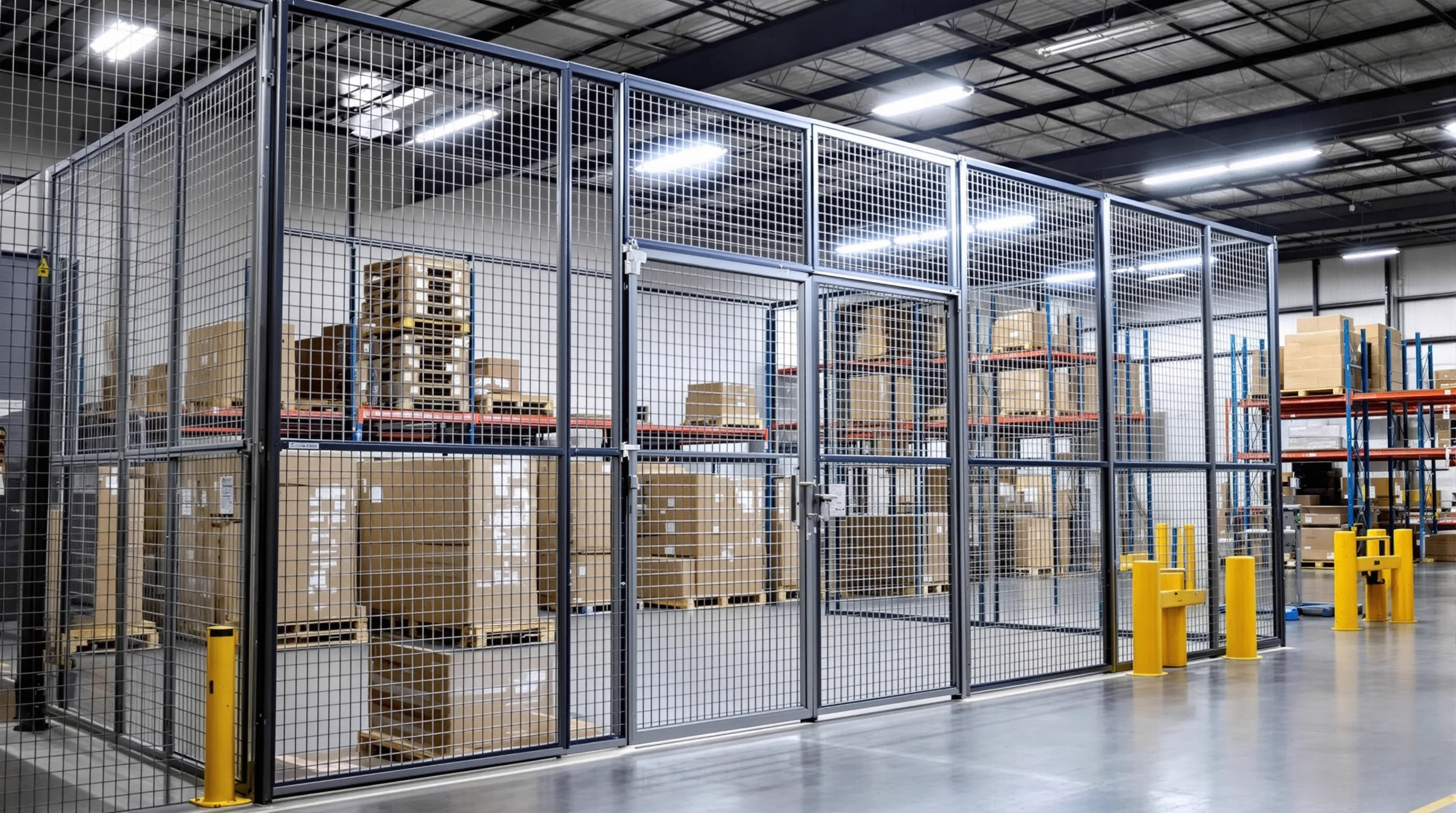 Wire mesh security partition system securing inventory in a Hampton Roads Virginia warehouse